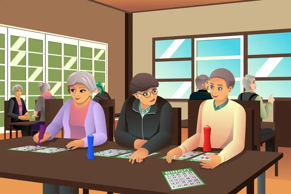 Personas mayores jugando al bingo — Vector de stock