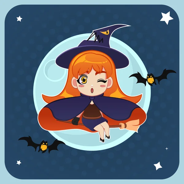 Witch Flying in Front of the Full Moon with Magical Broom — Stock Vector