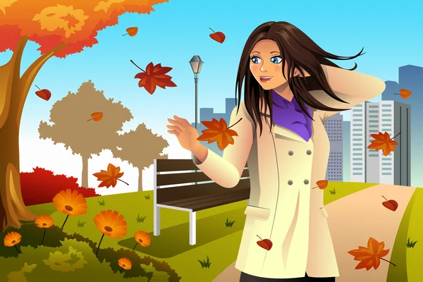 Autumn Girl Walking in the Park — Stock Vector