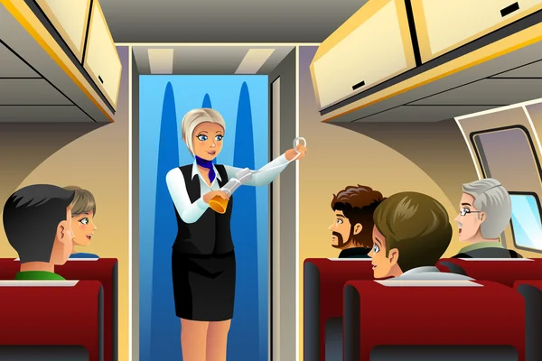 Stewardess doen veiligheid demonstratie — Stockvector