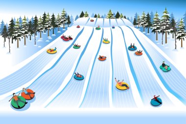 People Having Fun Sledding on Tubing Hill During Winter clipart