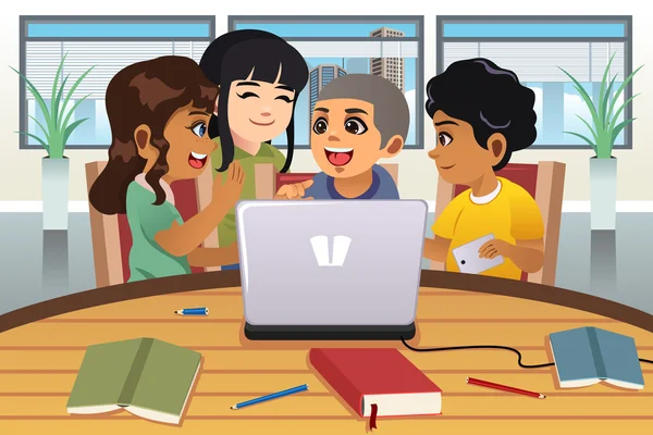 School Kids Working Around a Laptop Computer — Stock Vector