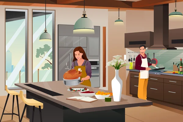 Pareja preparándose para la cena de Acción de Gracias en la cocina — Vector de stock