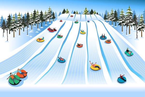 People Having Fun Sledding on Tubing Hill During Winter