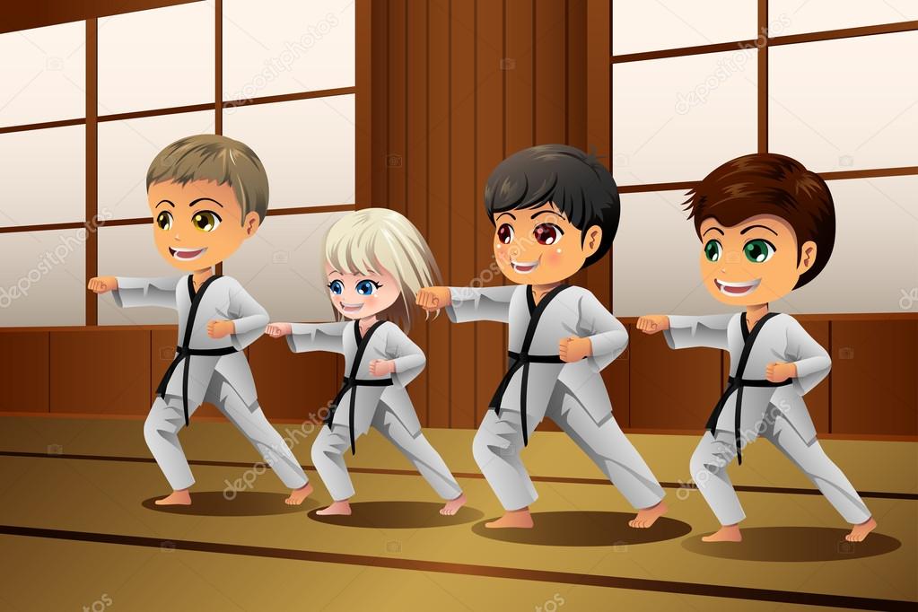 A Vector Illustration Of Kids Practicing Martial Arts In The Dojo