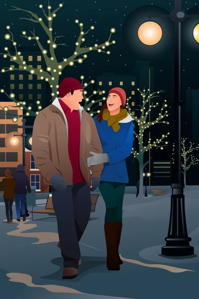 Pareja caminando por la calle en una noche de invierno — Vector de stock