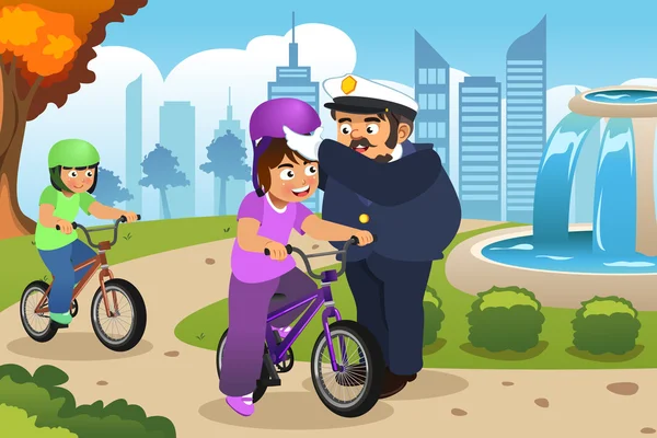 Oficial de policía vistiendo casco en un niño montando una bicicleta — Archivo Imágenes Vectoriales