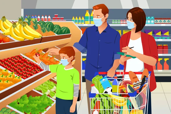 Uma Ilustração Vetorial Family Shopping Grocery Vestindo Máscara Durante Pandemia — Vetor de Stock
