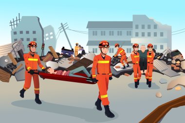Rescue teams searching through the destroyed buildings  clipart