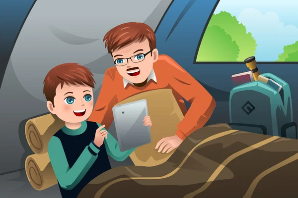 Father and son reading a tablet PC in a camping tent — Stock Vector