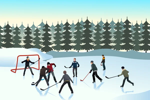 Hombres jugando hockey sobre hielo al aire libre — Archivo Imágenes Vectoriales