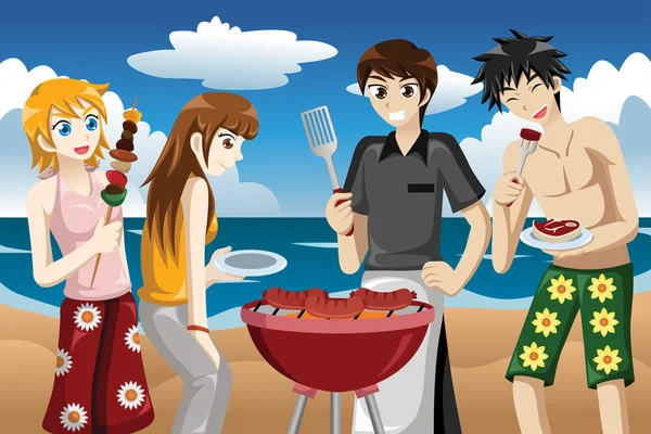 Young people having a bbq — Stock Vector