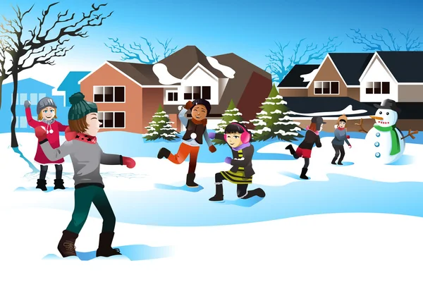 Niños jugando bola de nieve lucha — Vector de stock