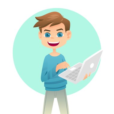 bir laptop tutan çocuk