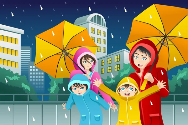 Família andando com guarda-chuva e vestindo capas impermeáveis —  Vetores de Stock