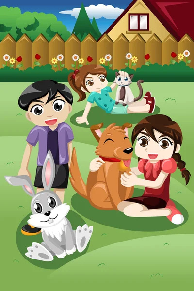 Niños jugando con sus mascotas — Vector de stock