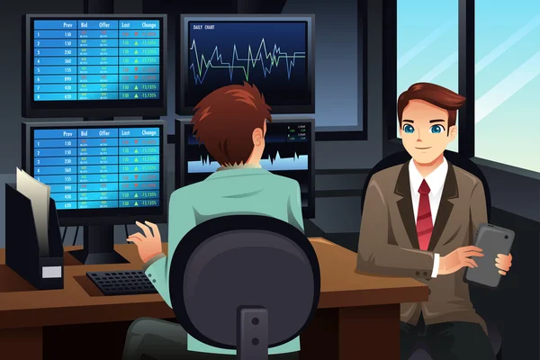 Comerciante de ações olhando para os monitores do mercado de ações — Vetor de Stock