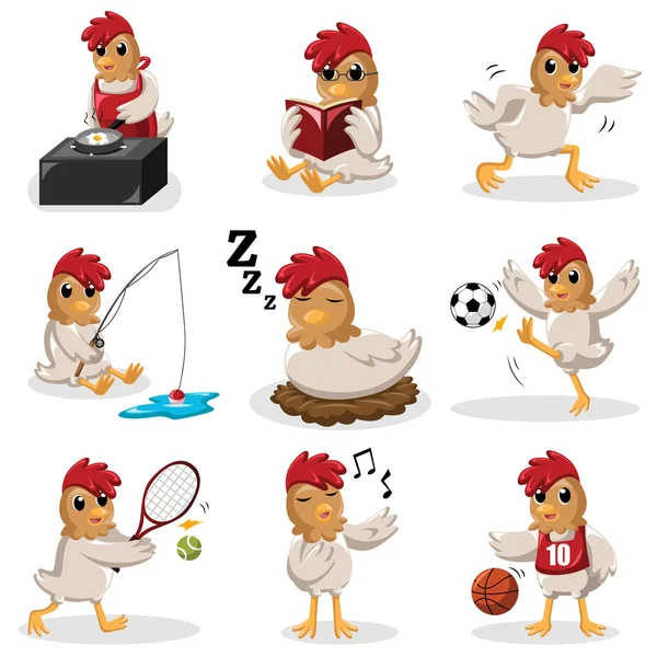 Chicken characters doing different  activities — Stock Vector