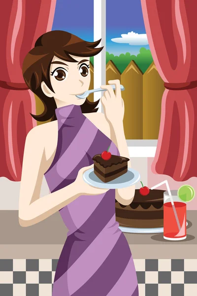 Mujer comiendo pastel — Vector de stock