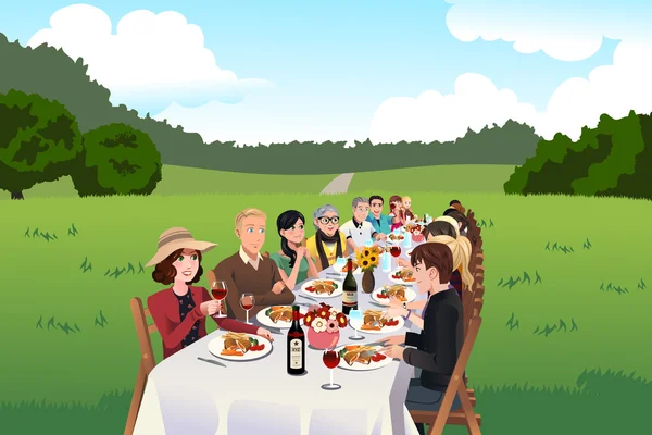 Pessoas comendo em uma mesa de fazenda —  Vetores de Stock
