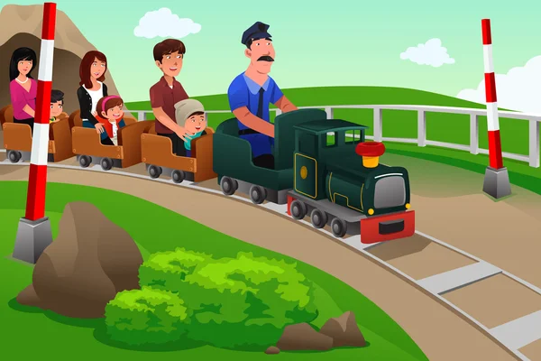 Los niños y sus padres en un pequeño tren — Vector de stock