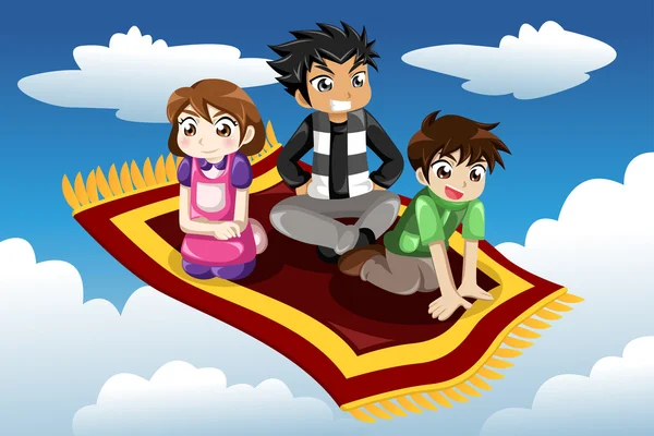 Kids riding on a flying carpet — Stock Vector