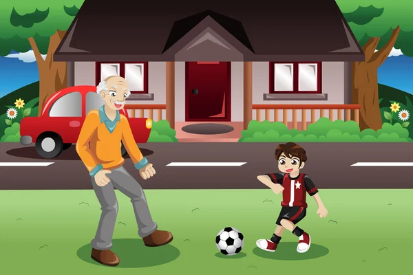 Abuelo y nieto jugando fútbol — Vector de stock