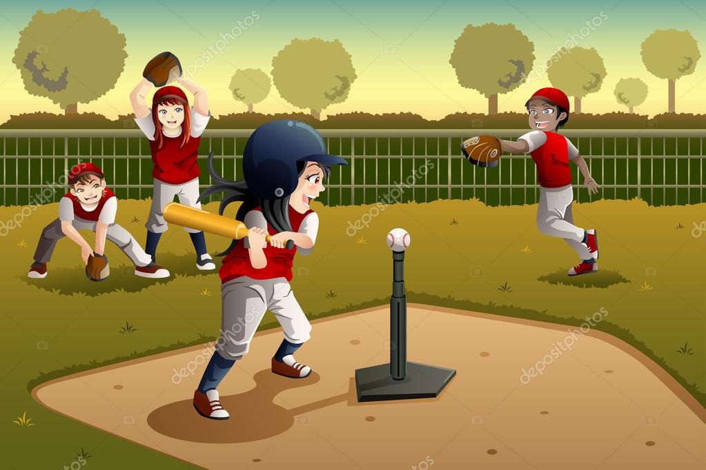 Niños jugando a la pelota tee — Archivo Imágenes Vectoriales