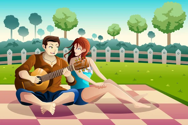 Couple jouant de la guitare ensemble dans un parc — Image vectorielle