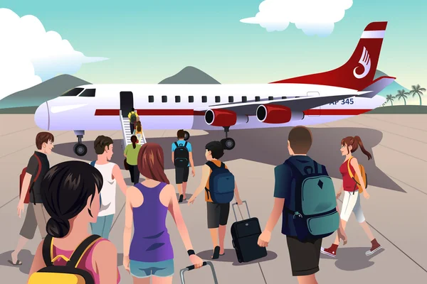 Turistas abordando en un avión — Vector de stock