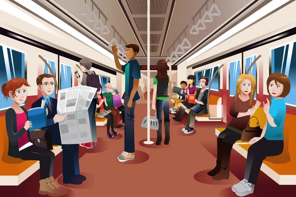 Olika personer inne i trånga tunnelbanan — Stock vektor