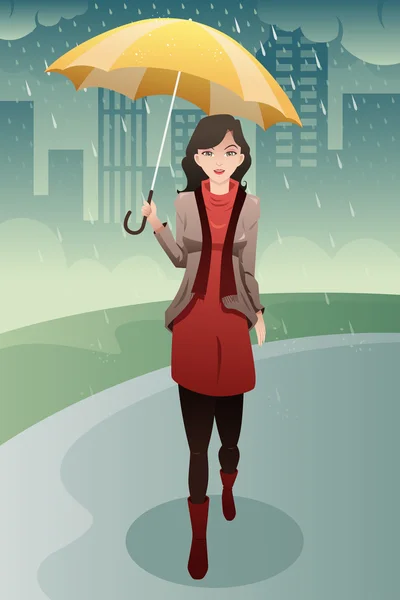 Stylish woman walking in the rain carrying an umbrella — Stock Vector