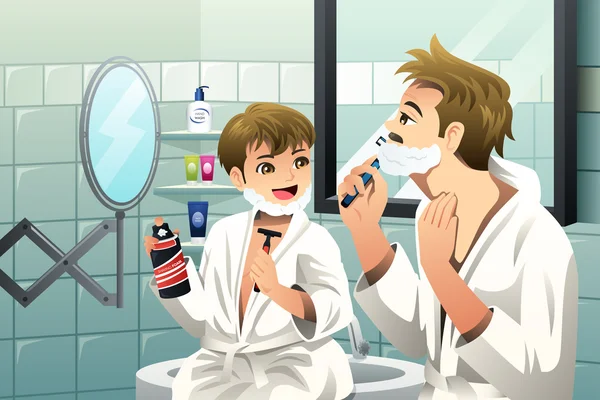 Baba ve oğul birlikte tıraş — Stok Vektör