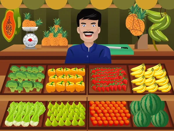 Vendedor de frutas en un mercado de agricultores — Vector de stock