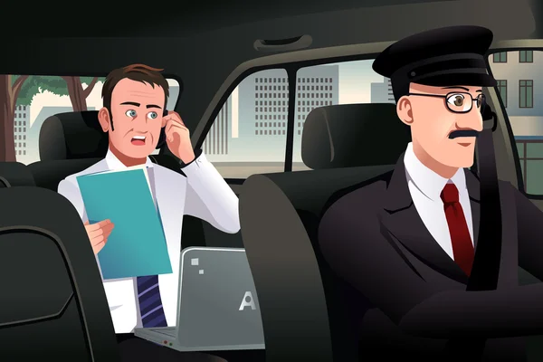 นักธุรกิจพูดคุยทางโทรศัพท์ในรถ — ภาพเวกเตอร์สต็อก
