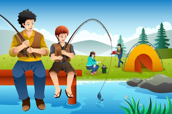 Familia va a pescar en un viaje de camping — Vector de stock