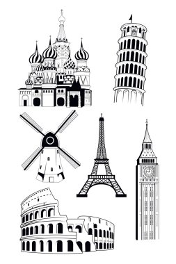 European travel destinations in ink style
