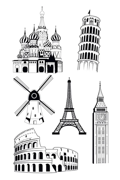 European travel destinations in ink style — Stock Vector
