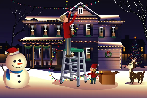 Father son putting up lights around the house for Christmas — Stock Vector