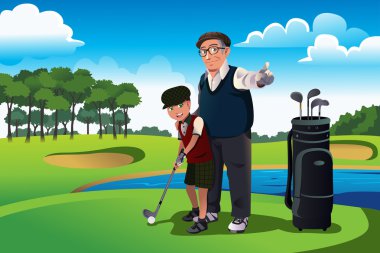 Dede torunu oynarken golf öğretim