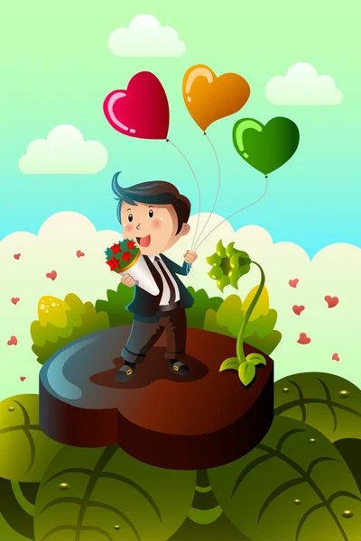 Hombre llevando globos en forma de corazón y rosas rojas — Vector de stock