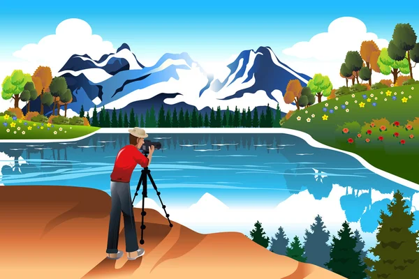 Photographer taking picture of a beautiful nature — Stock Vector
