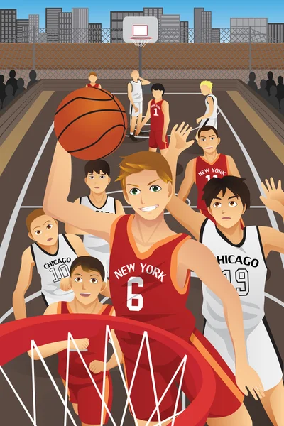 Jóvenes jugando baloncesto — Vector de stock