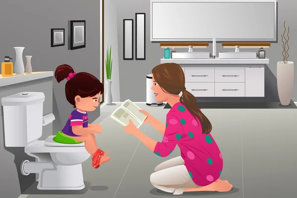 Girl doing potty training with her mother watching — Stock Vector