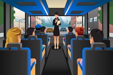Bir tur otobüsü turist konuşurken Tur Rehberi