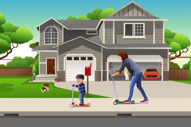 Anne ve oğlu birlikte bir scooter sürme 