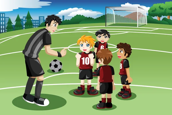 Küçük çocuklar futbol alanında teknik direktörü için dinleme — Stok Vektör