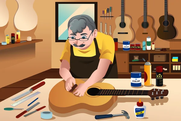 Guitar maker working in his shop — Stock Vector