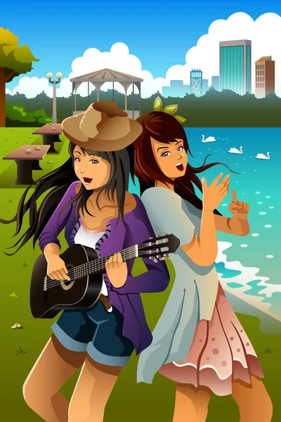 十几岁的女孩唱歌和弹吉他在一起 — 图库矢量图片