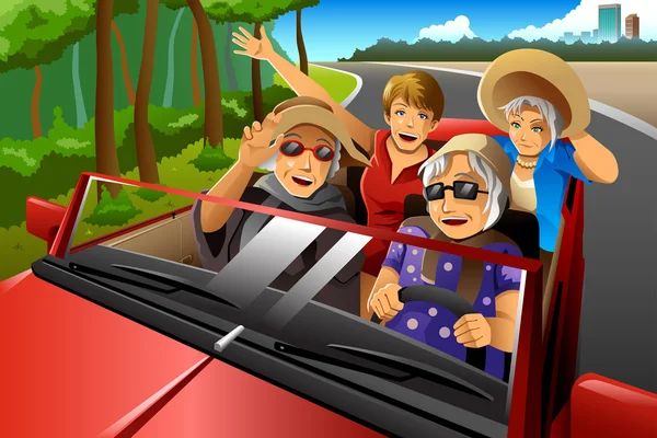 Felice elegante donne anziane in sella a una macchina — Vettoriale Stock